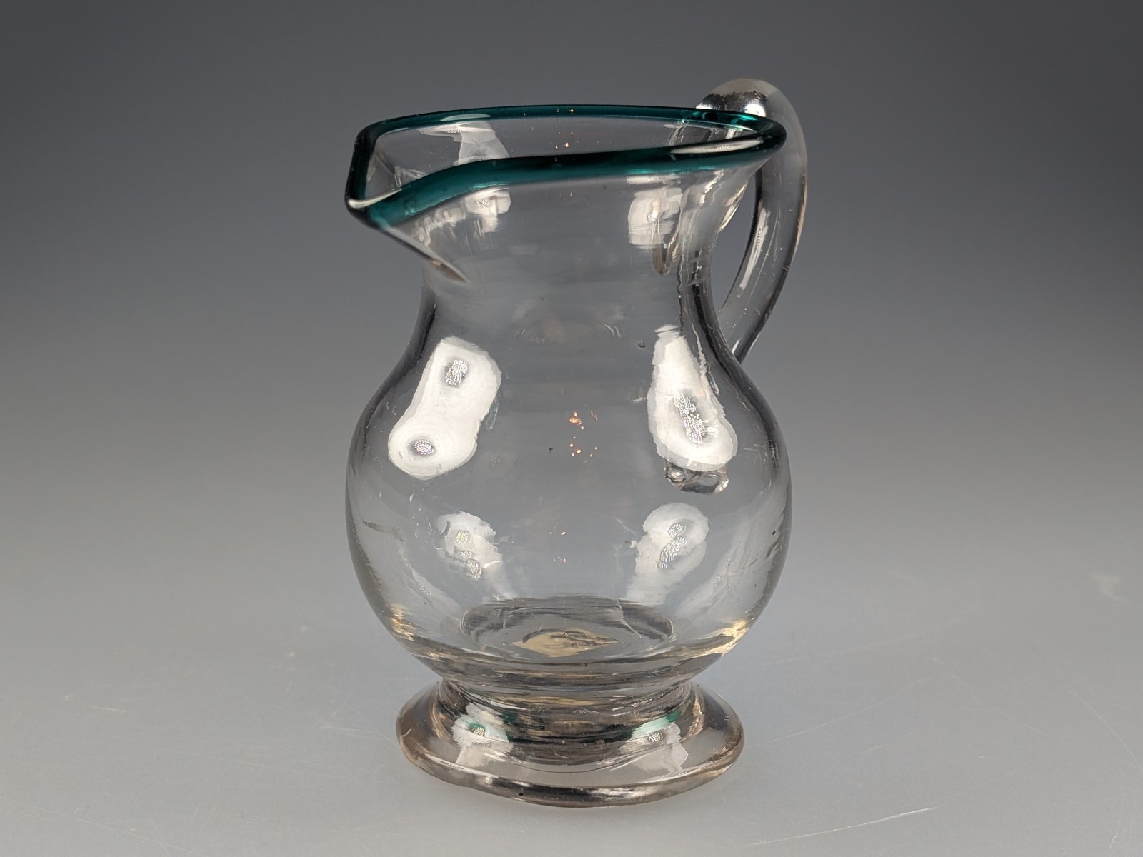 Antique c1800 Georgian Glass Small Jug Pitcher with Teal Blue Rim