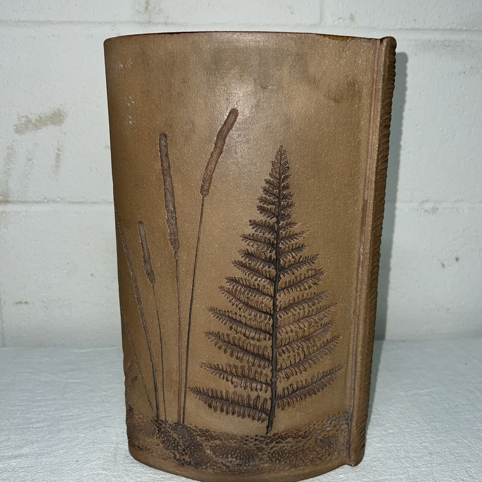 STUDIO ART SLAB WORK VASE 12 1/2” Tall Unique Design Of Clay Impression Outside