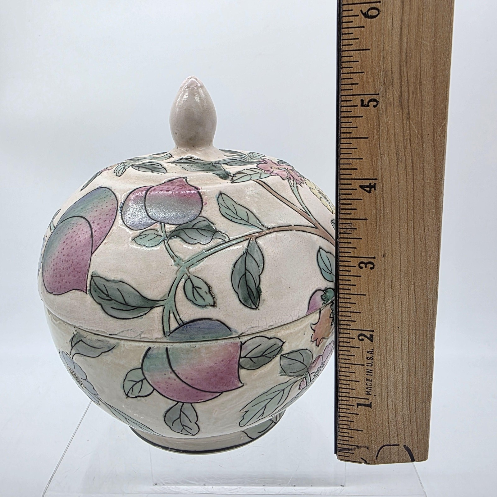 Oriental Floral Ceramic Trinket Box Round Lidded Pastel Decorative Bowl Jar