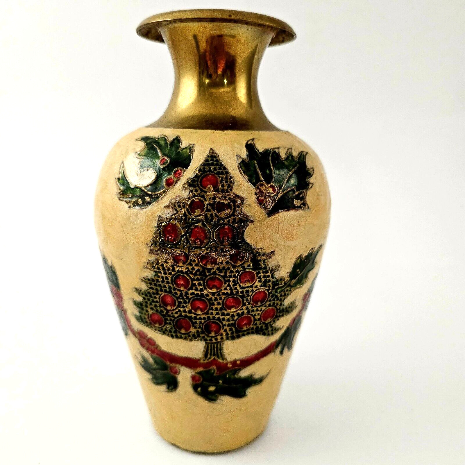 Vintage Cloisonne Christmas Vase Enamel Finish Brass India Holly Tree 8″t