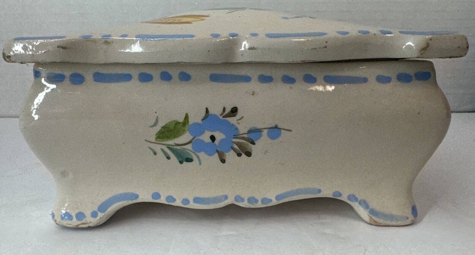Vintage Made in Italy Pottery Trinket Box with Hand Painted Flowers