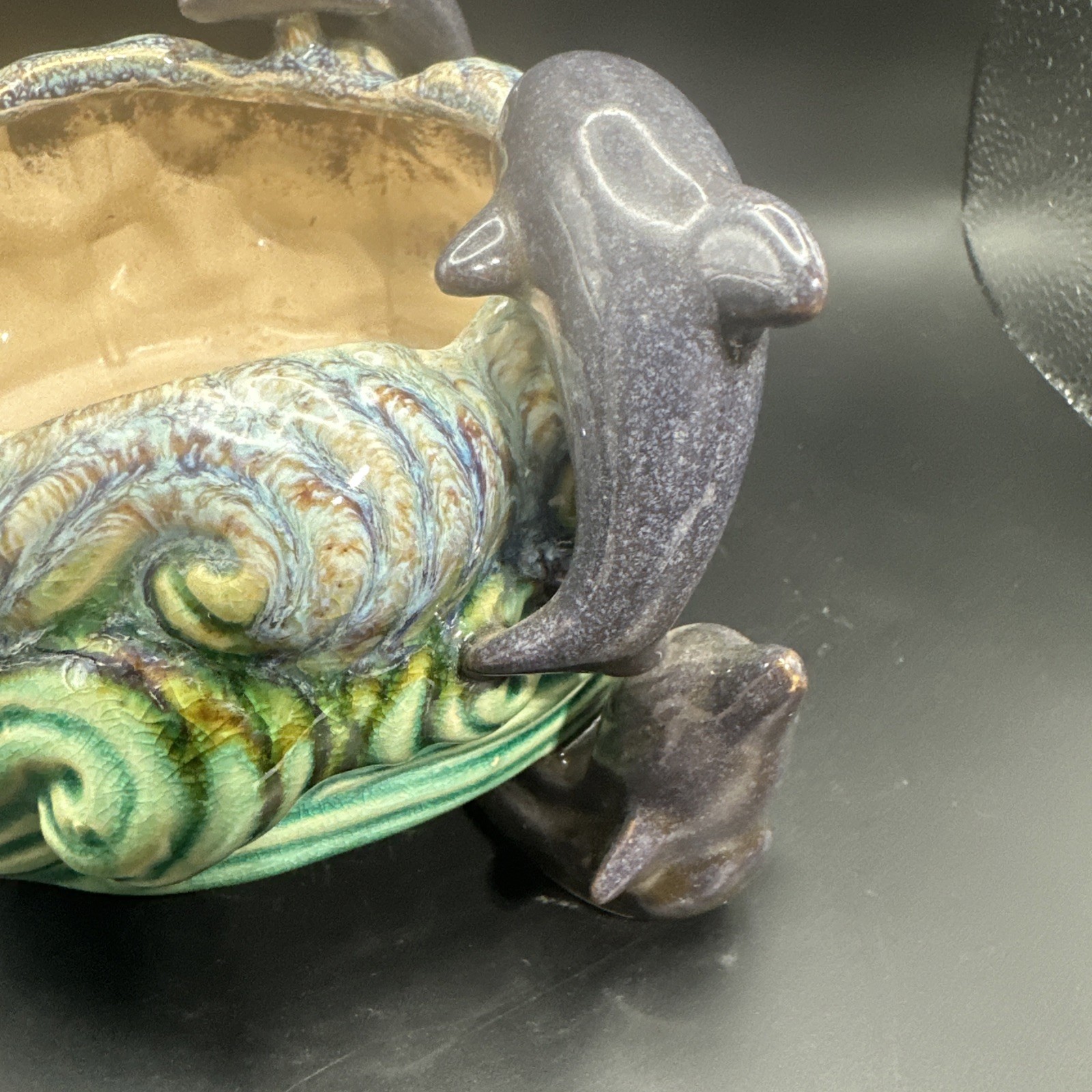 Majolica Pottery Dolphins Jumping On Waves Footed Planter 7×4.5 Inches