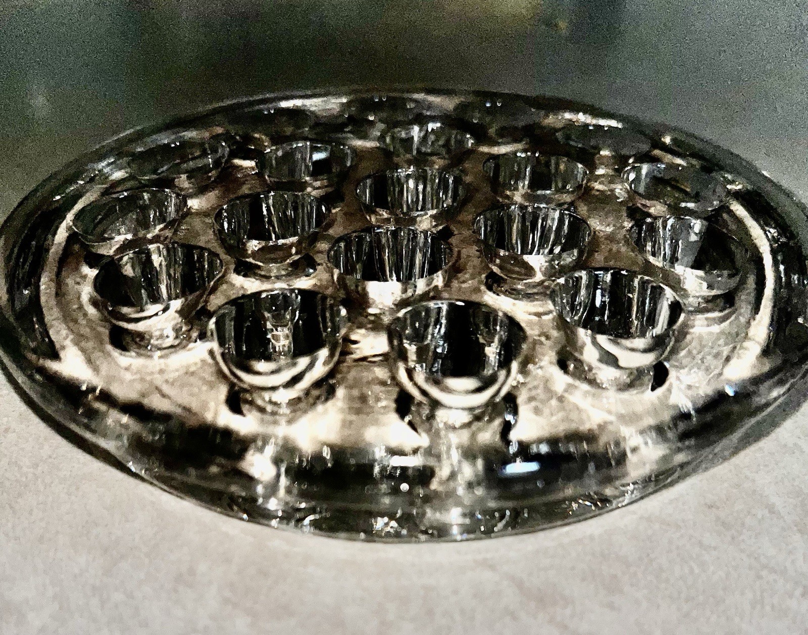 Vtg Clear Glass Flower Frog Marble Display Stand Round 5” Diameter 19 Holes