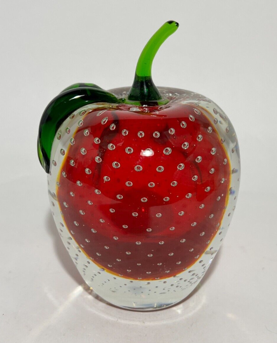 Apple Paperweight Art Hand Blown Glass Cased Clear Red Handcrafted Bubbles Glows