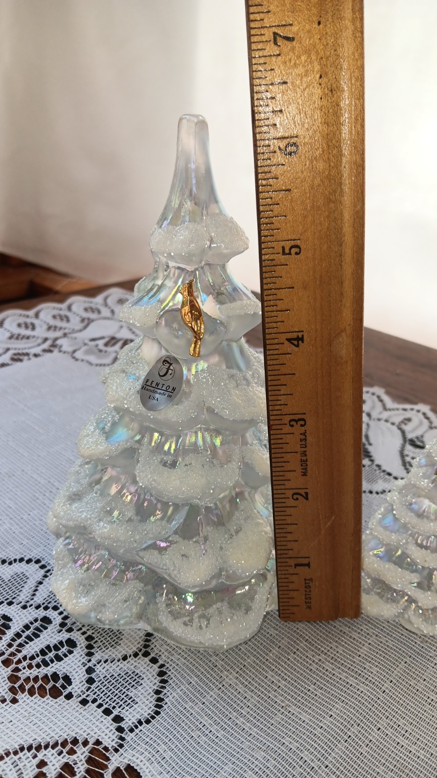 Fenton Glass Frosted Christmas Trees with Cardinal 6.5″ & 3″ Set of 2 New in Box
