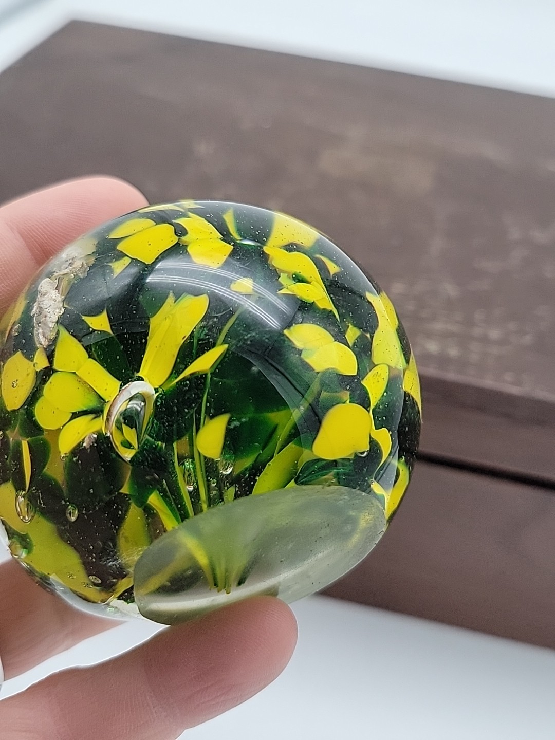 READ Art Glass Paperweight in Green and Yellow 2.25″