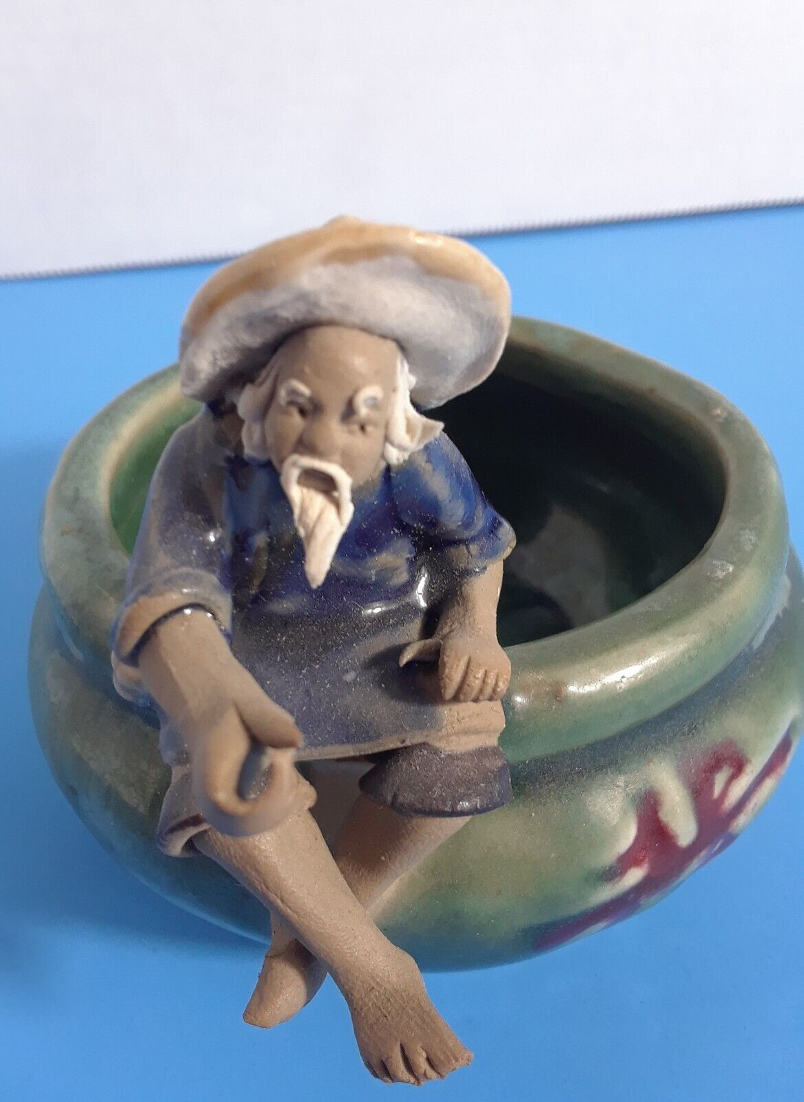 Vintage Chinese Mudman on Side of Round 3.25 in Glazed Pot Trinket Dish