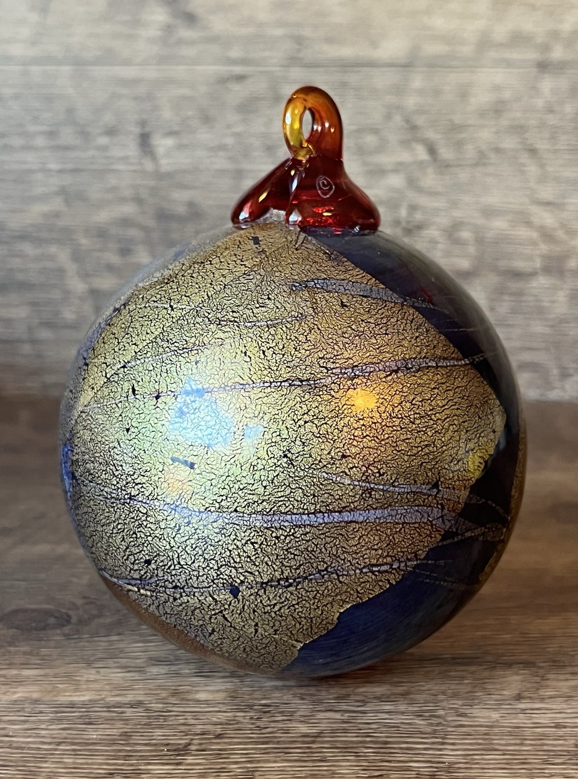 VTG Handblown Glass Ornament Shimmery Crackled Metallic Gold Blue Red Signed