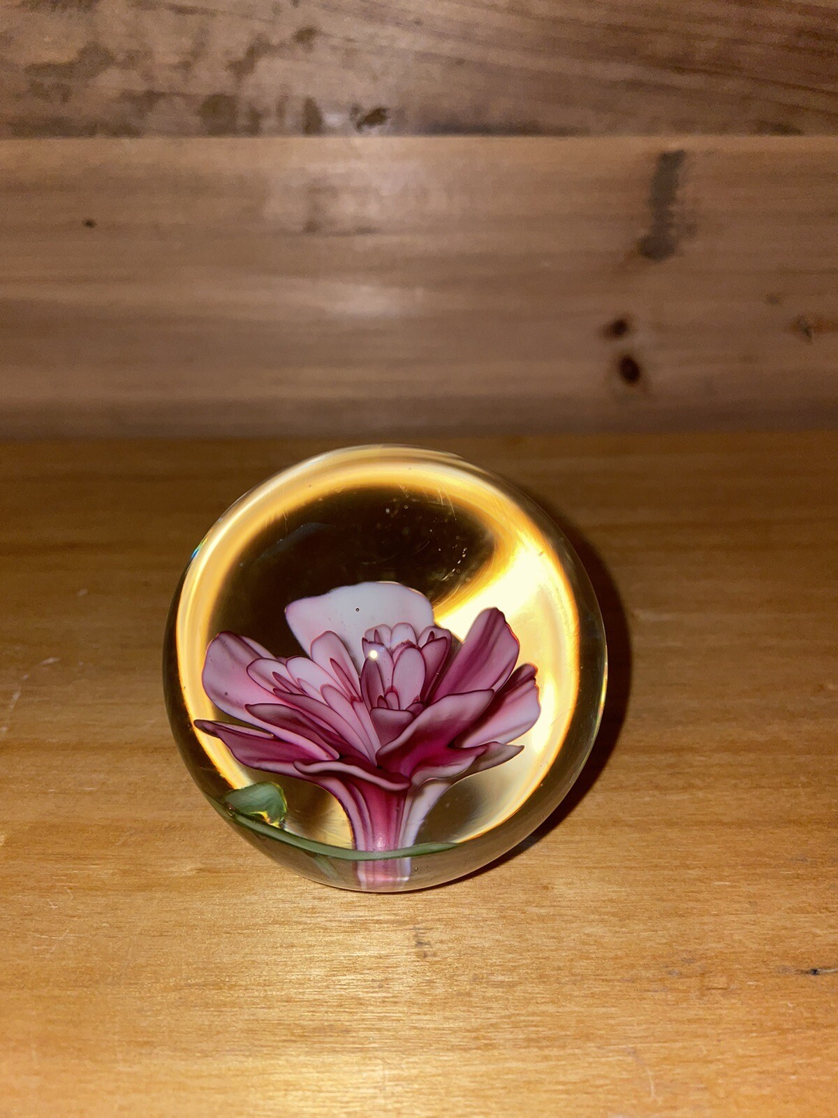 Studio Art Glass Flower Paperweight Orb Sphere Pink Floating Polished Base 2.5”