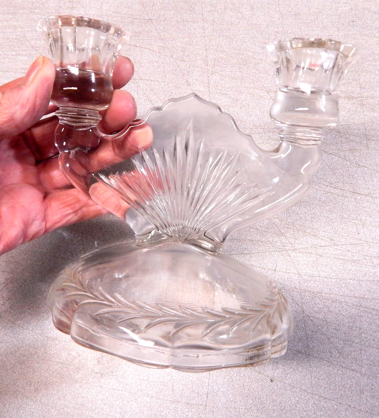 2 TWO Glass Double Candlestick Antique JEANNETTE Depression Herringbone 1935