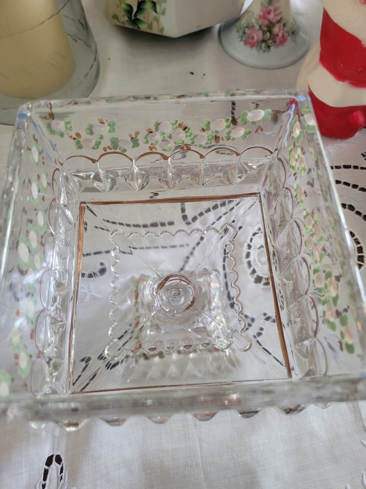 VTG Pair Jeanette Glass Pedestal Candy Dish Wedding Box Gold Trim Floral