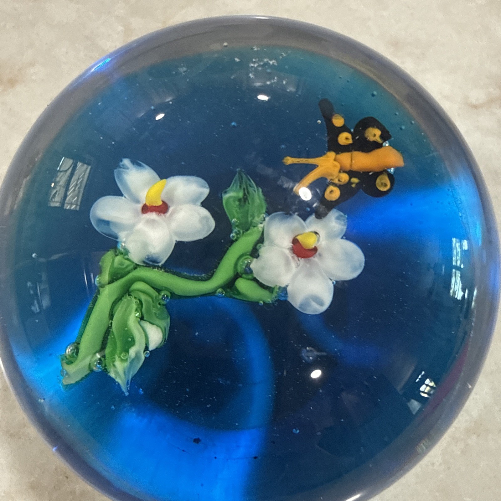 Vintage Art Glass Paperweight Flowers and Butterfly