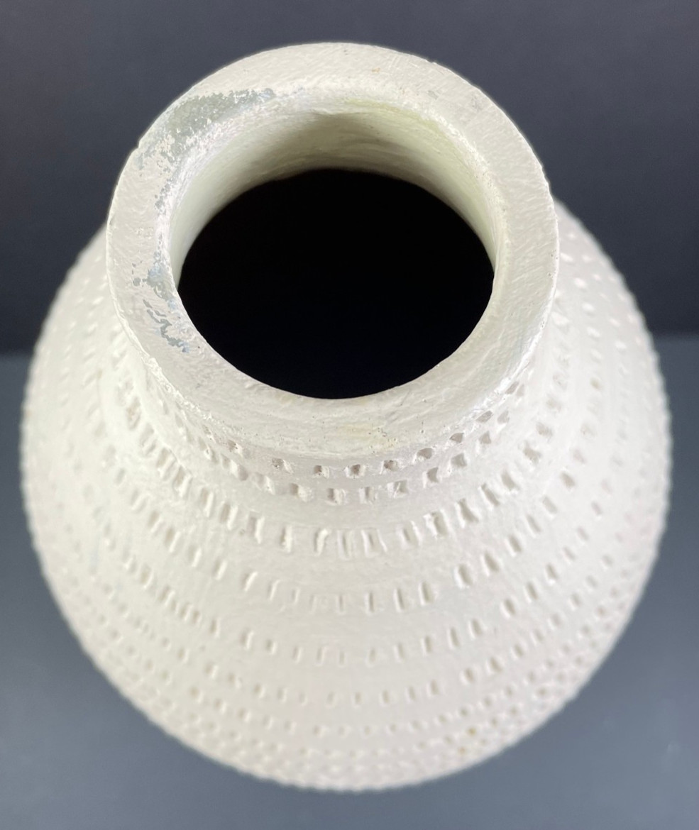 Textured Pottery Vase 12″ Beige Natural Stripe Heavy Farmhouse