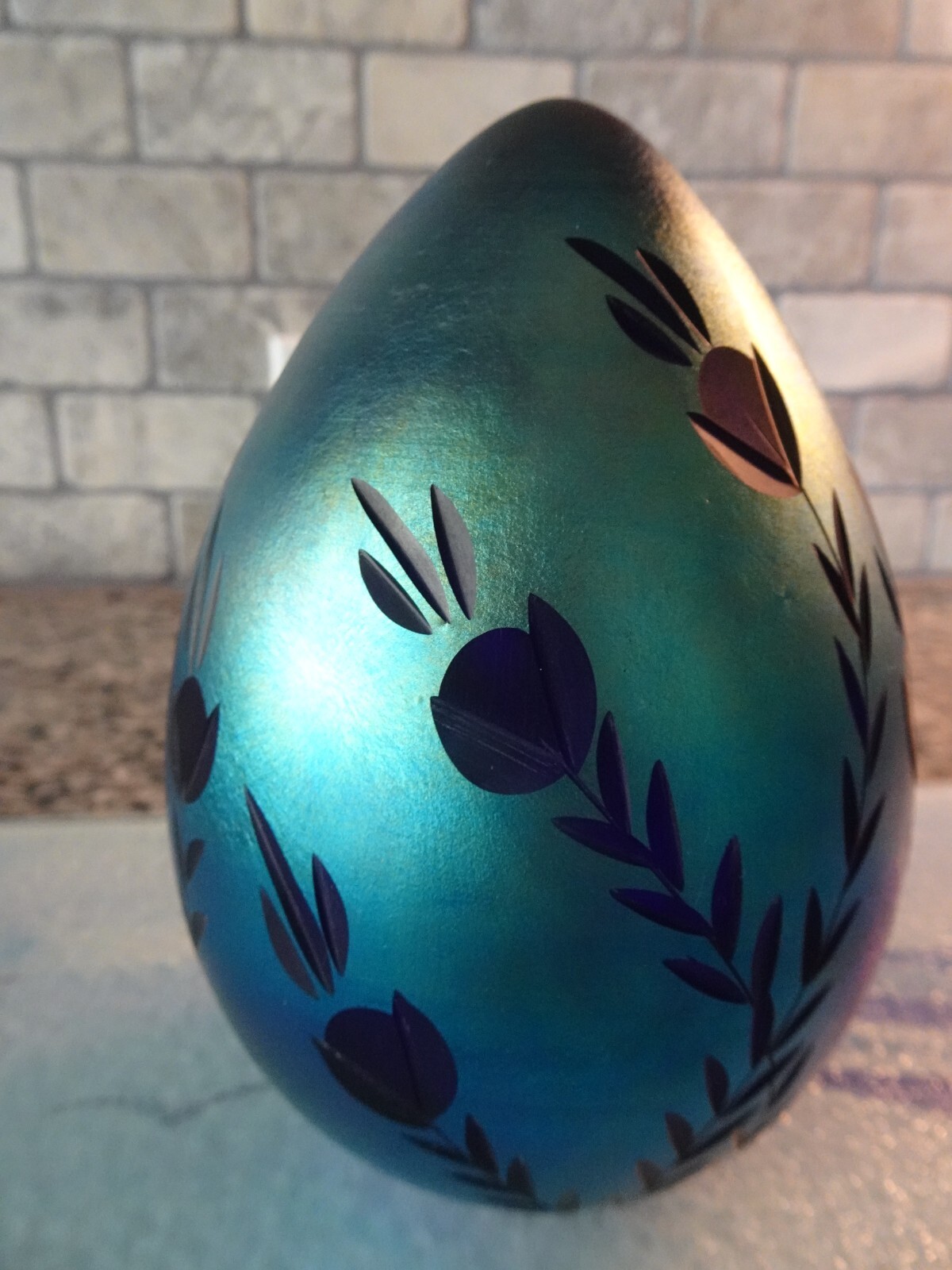 Vintage Vandermark Art Glass Incised Etched Carved Blue Aurene Egg Paperweight