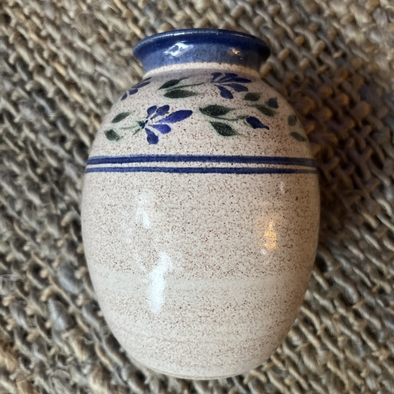 Signed Studio Art Pottery Small Vase Hand Painted Neutral Blue Grey Tones 6”hi