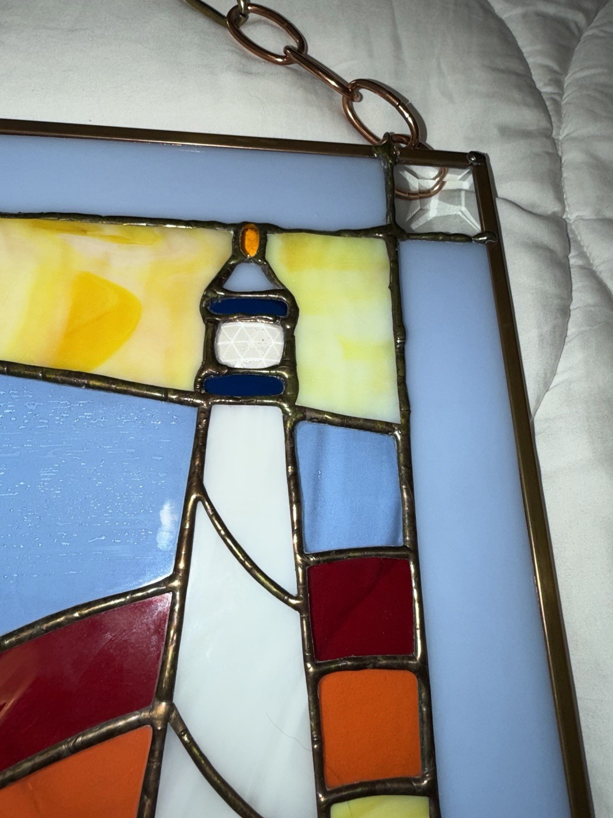 Stained Glass Panel 24” X 24” Lighthouse Rainbow Seascape Stunning Brass Copper