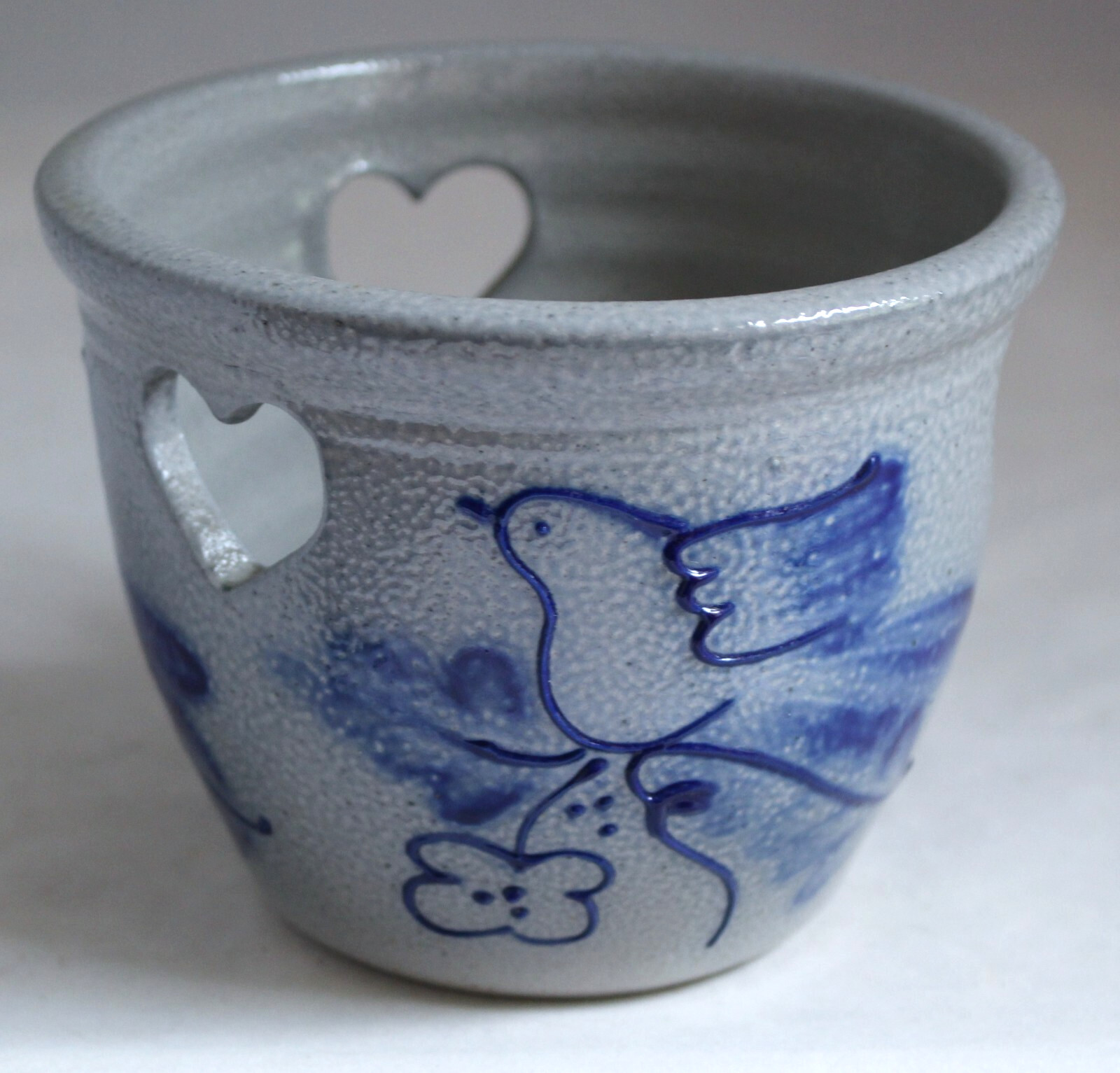 Eldreth Pottery Crock Salt Glaze 2003 Bird Design Heart Cut Outs