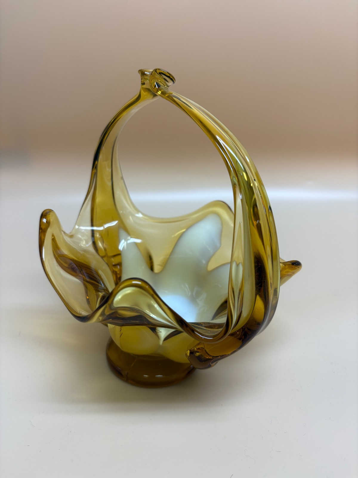 Amber & White Art Glass Basket Hand Blown Candy Dish DS20