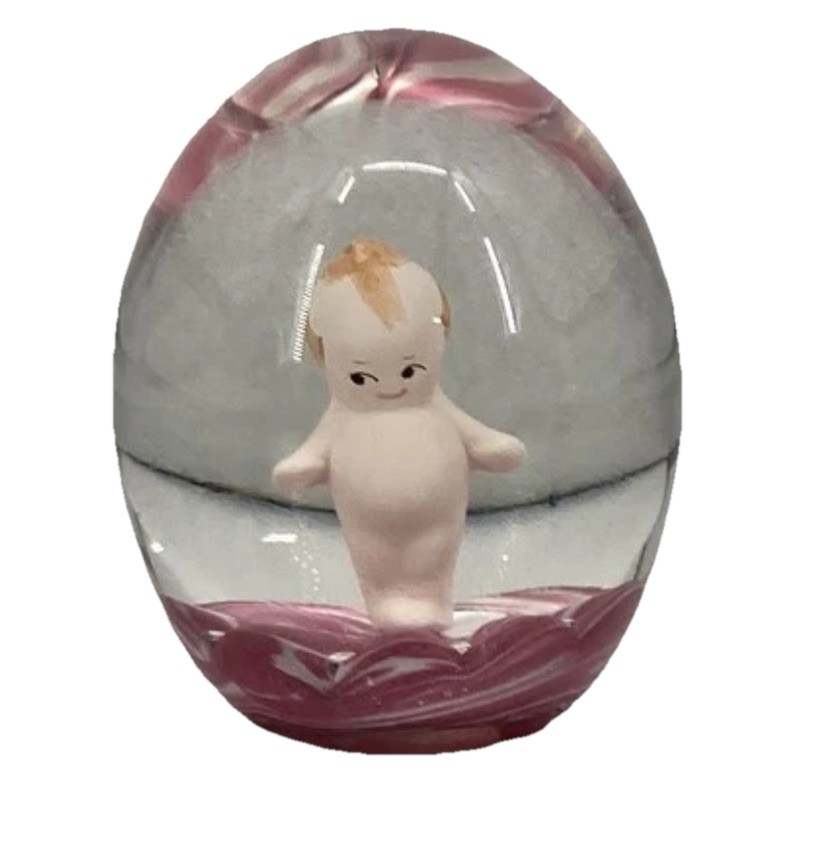 Vtg JOE ST CLAIR Signed Art Glass Sulphide Paperweight Kewpie Doll Pink 3.25”