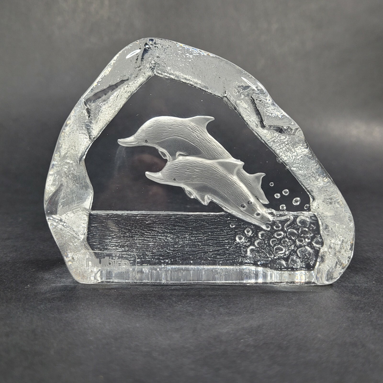 Nybro Crystal Dolphin Figurine Sweden Paul Isling Design Art Glass Block Vintage