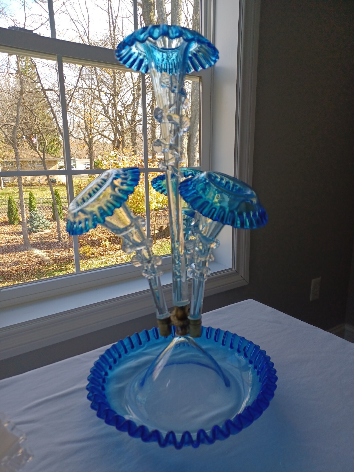 Glass Epergne ~ Antique Victorian BLUE / CLEAR ~ England ~ EXQUISITE!