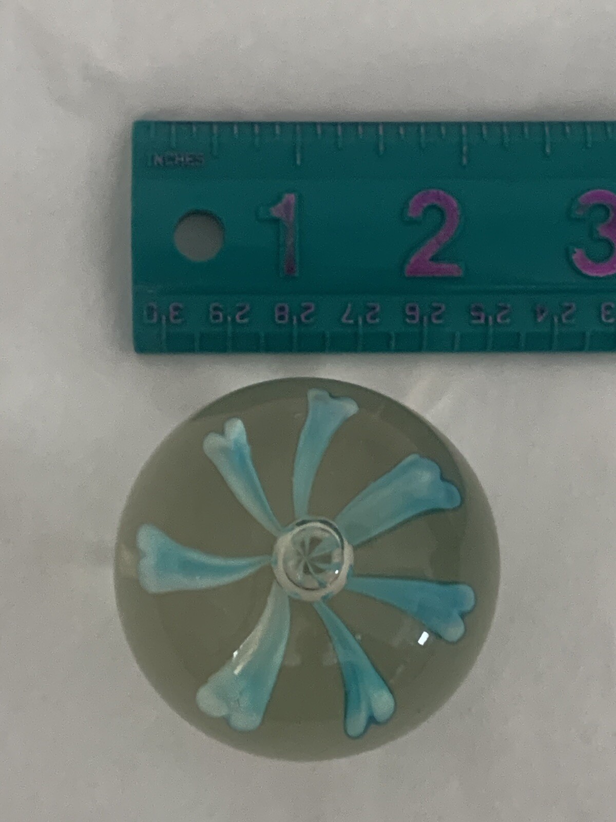 Blown Aqua/Turquoise Flowers inside Art GLASS PAPERWEIGHT 2.25”