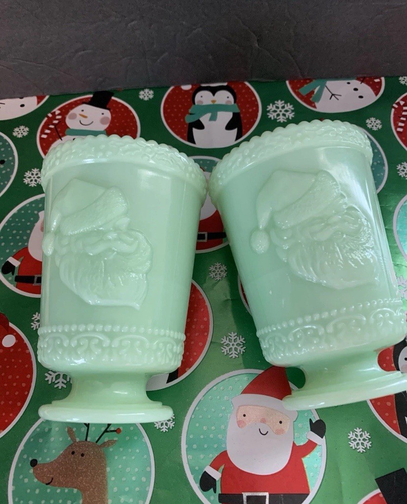 2 / SANTA CUP – JADE/ JADEITE (Green) 8 oz CHRISTMAS Holiday Tumbler