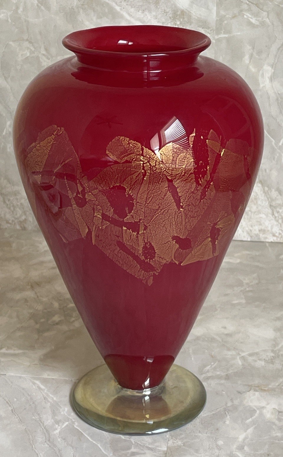 John Cook Signed Art Glass Vase Hand-blown Cherry Red & Gold & Amber Base 2004