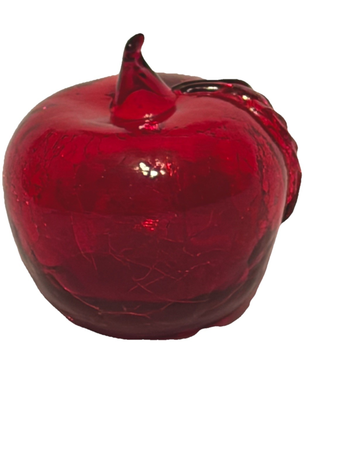 VTG Crackle Art Glass Fruit RED Glass Apple Stem Leaf Hand Blown 3.25 inches