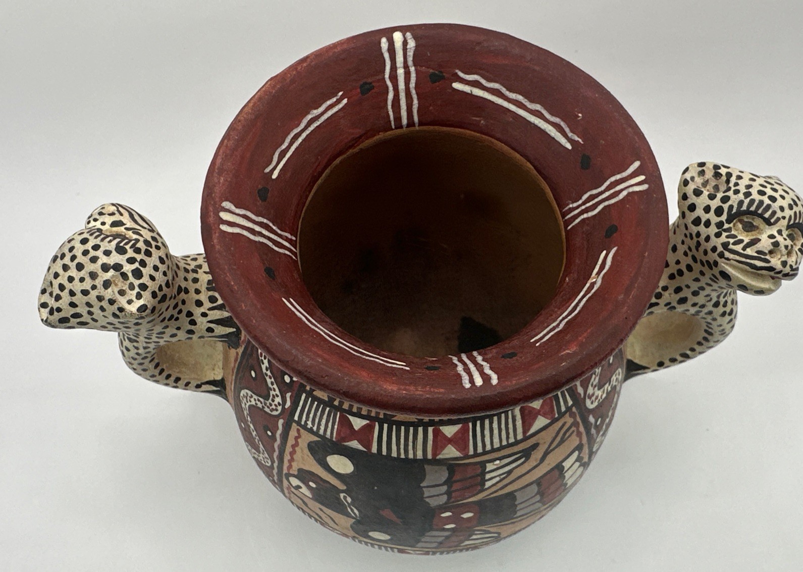 Peruvian Pottery Jaguar Handle Bowl Vase Hand Painted Insect Bird Vtg