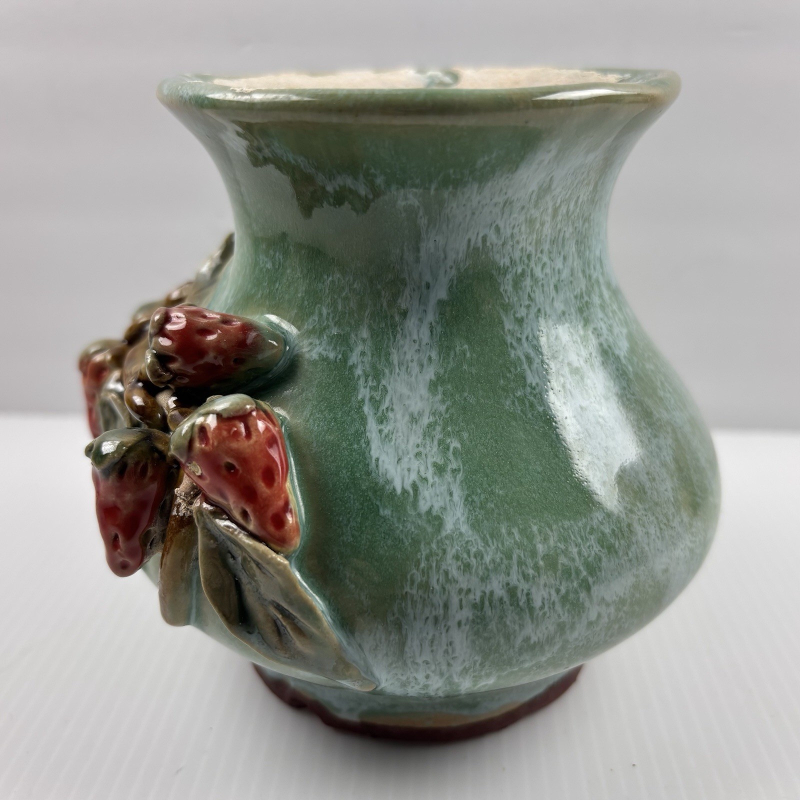 Majolica Style Pottery Vase Strawberries Branch 3D 4.5” Tall Art Studio *READ*