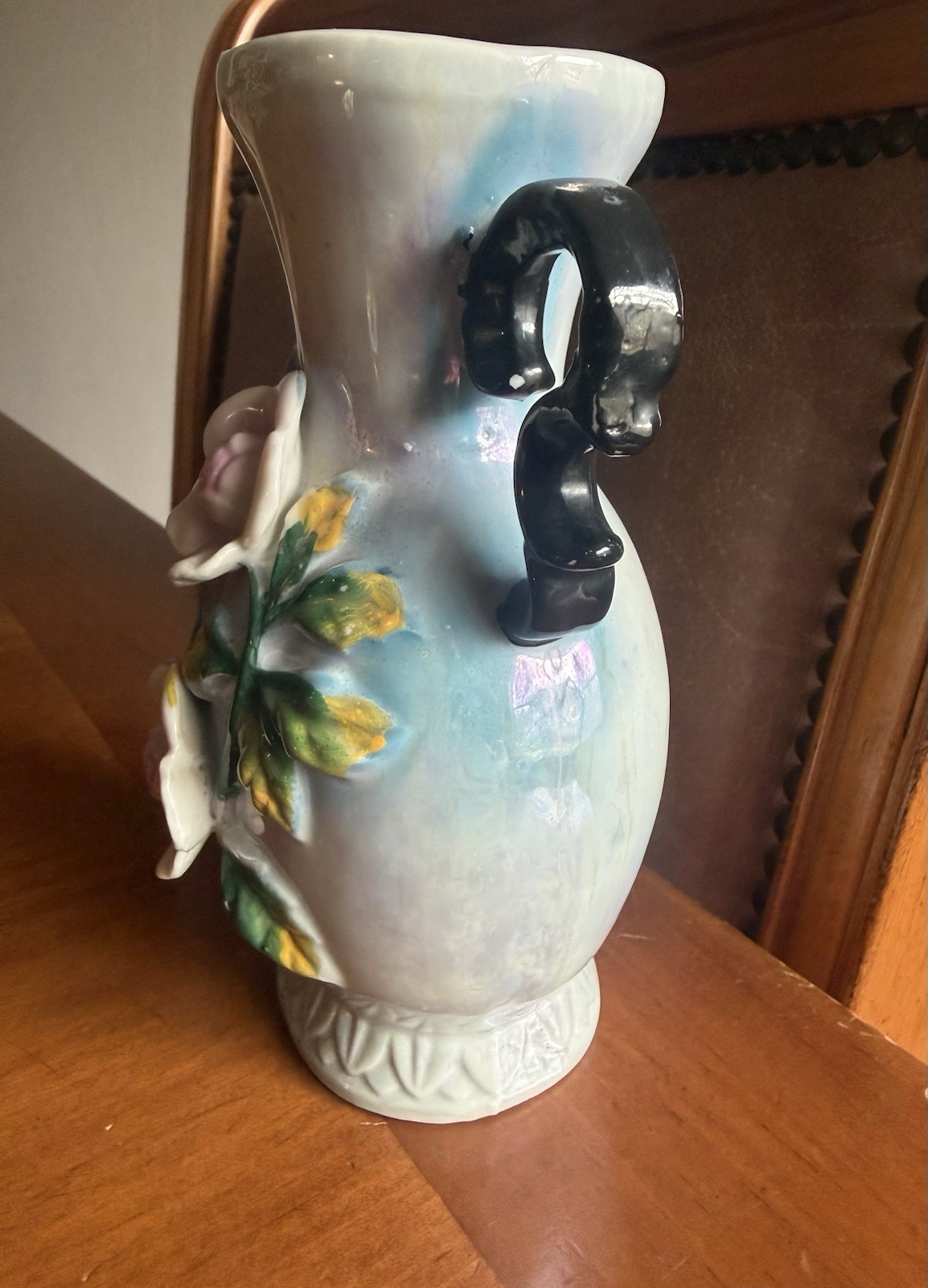 Japan Ceramic Floral Rose Vase w/ Black Handles, Blue Pink Green, 3D Glossy