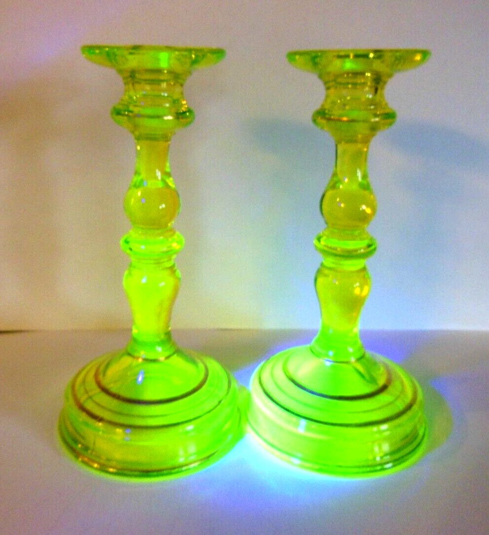 TIFFIN Canary Vaseline Glass #76 Candleholders, Gold Decor, RARE, GLOW Antique