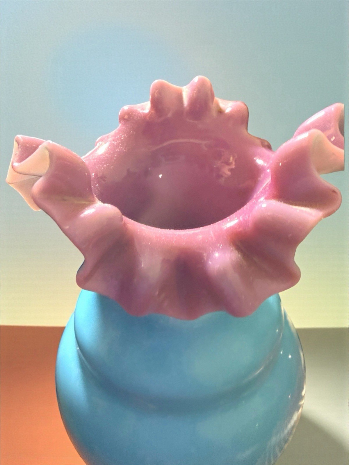 Antique Bohemian Lilac Turquoise Cased Ruffled Blown Glass Vase 5.25 x 3.75” EUC