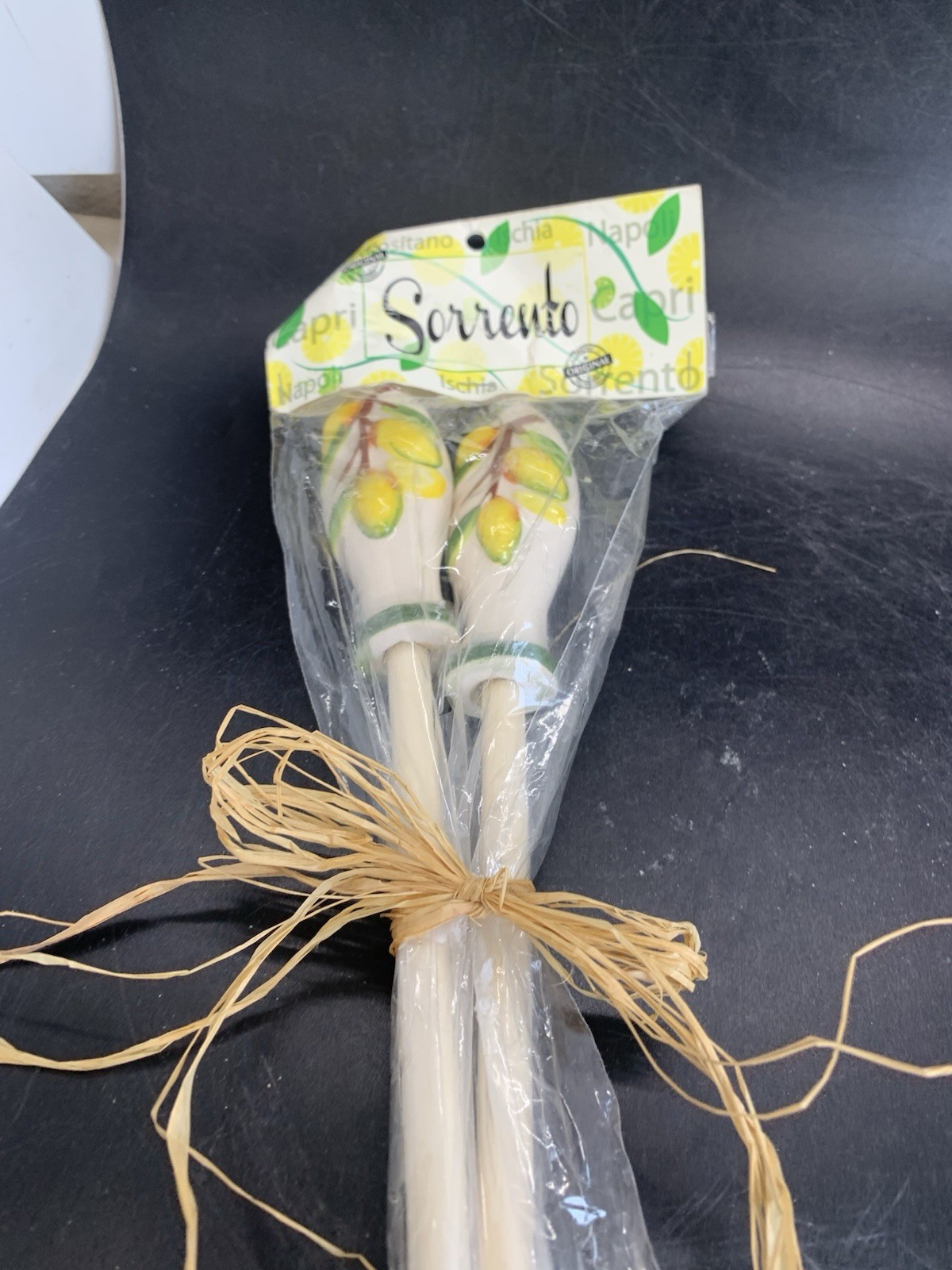Hand Paint Italian Sorrento Lemon Ceramic & Wood Salad Server Lemon cello Italy
