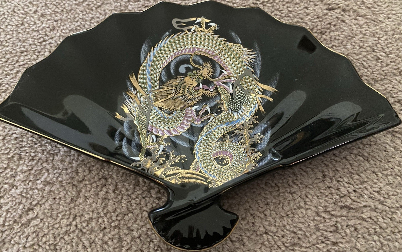 Japanese Ceramic Fan-Shaped Ashtray/ Dish Black Glossy Dragon Decorative