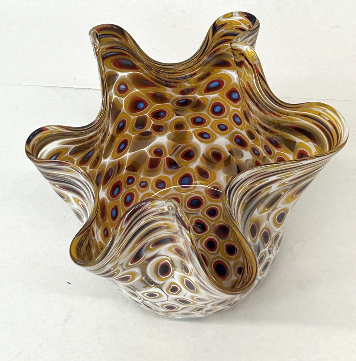 Murano Glass La Serenissima Millefiori Handkerchief Vase Bowl Italy Red Brown 4″