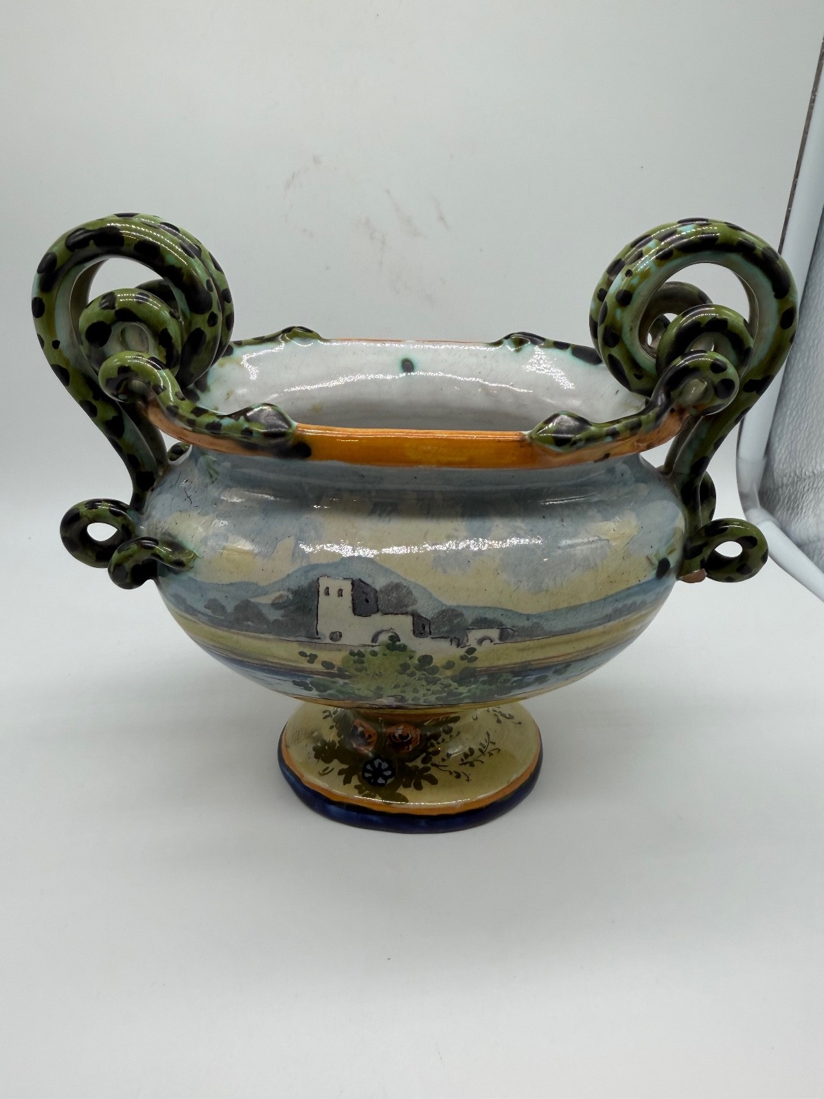 Italian Possibly Vintage Ceramic Vase w/ Shepherd Man & Woman w/ Snake Handles