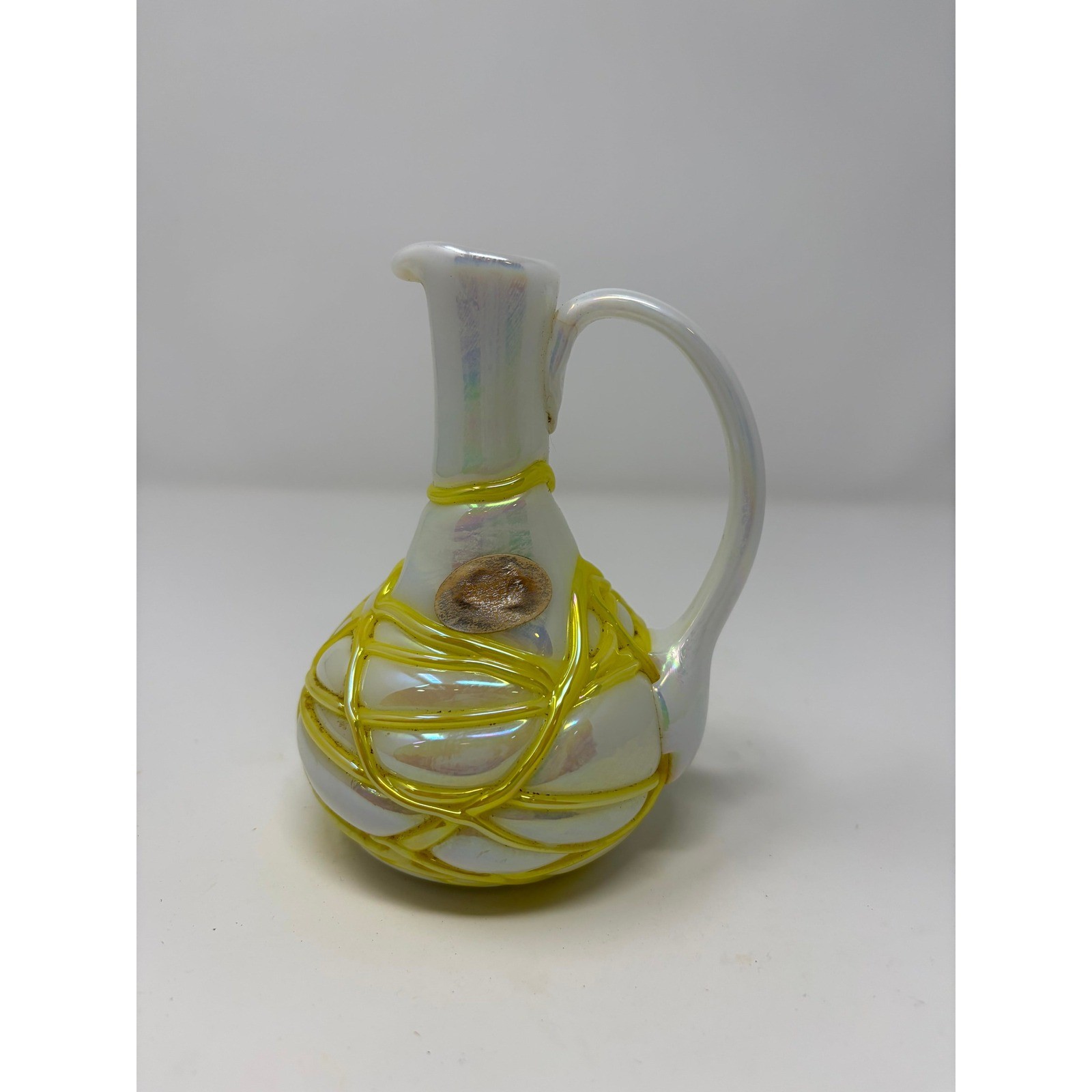 Vintage 1984 Gibson Glass White Opalescent Iridescent Yellow Threaded Cruet