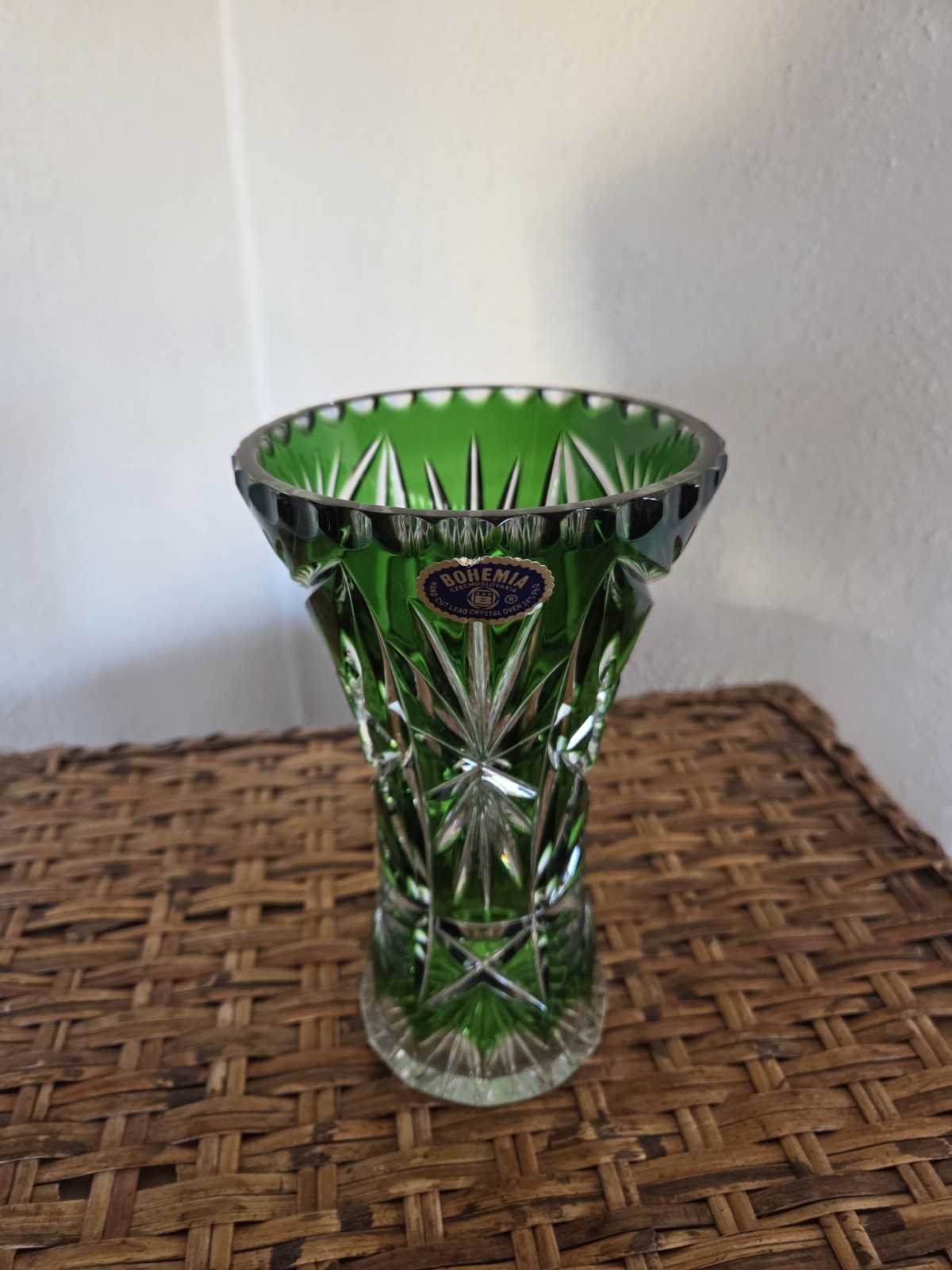 Vintage Bohemia Emerald GreenHandcut Lead Crystal Vase 24% PbO