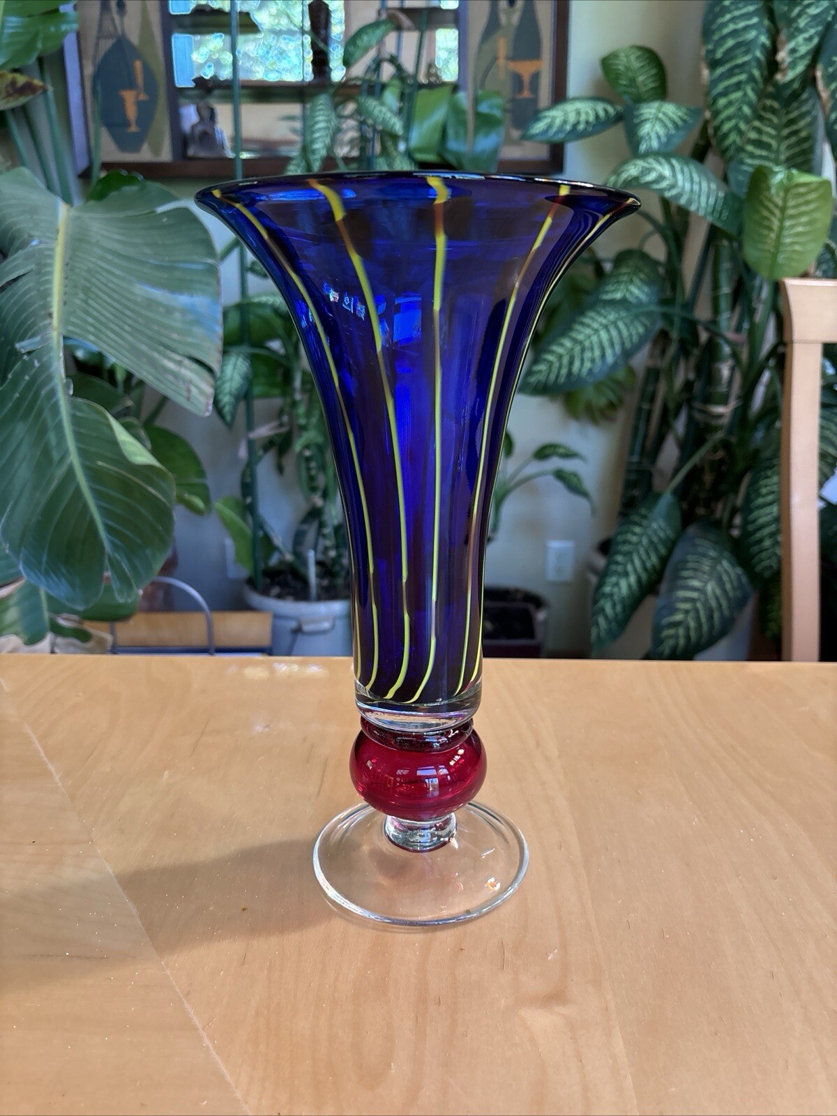 MCM Hand Blown Blue Red Yellow Swirl Art Glass Open Mouth Floral Vase 12+”