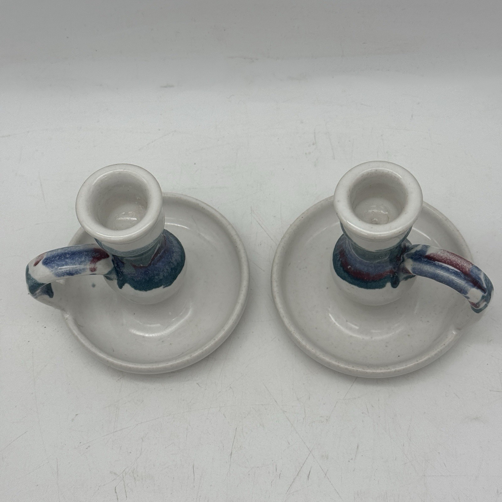 Studio Pottery Handmade Candlesticks Loop Handles Blue Green Red Glaze 4″ Signed