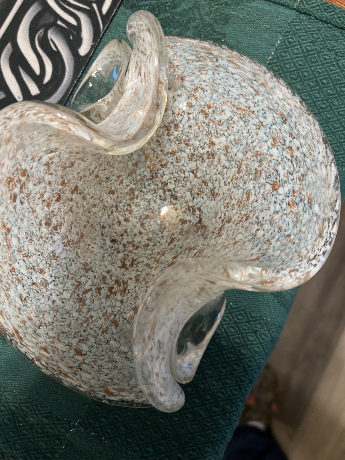 Vintage Mid Century Murano Splatter Glass White & Copper Flex 8” Original Label