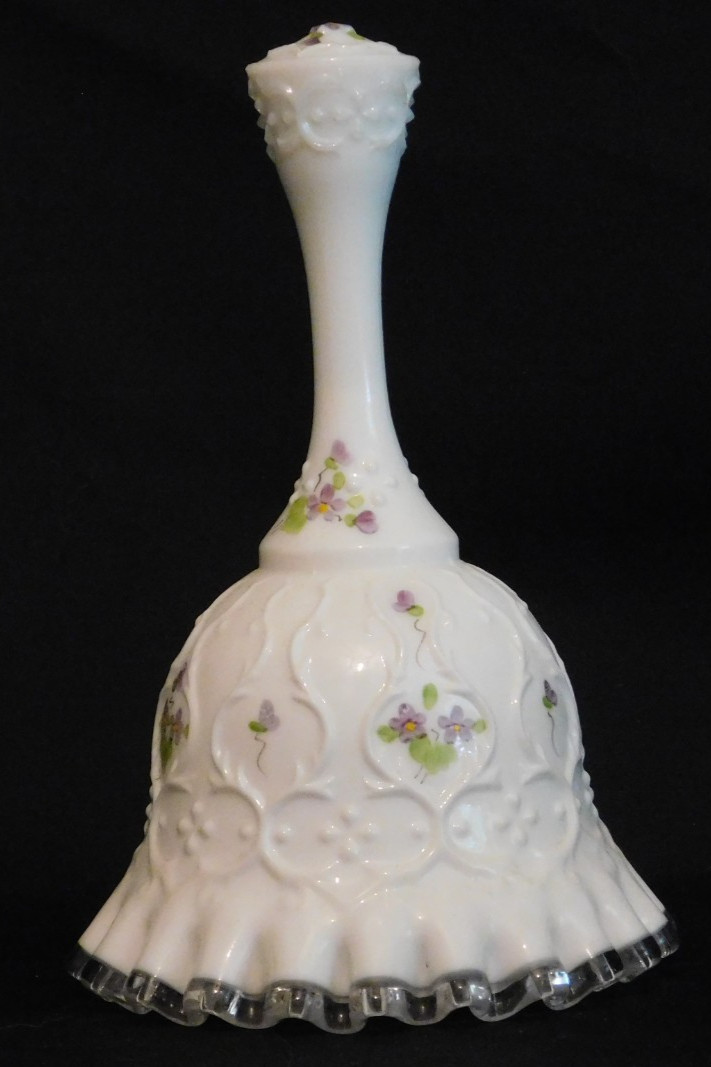 Fenton VIOLETS IN THE SNOW Silver Crest Spanish Lace BELL signed by B. Thorton