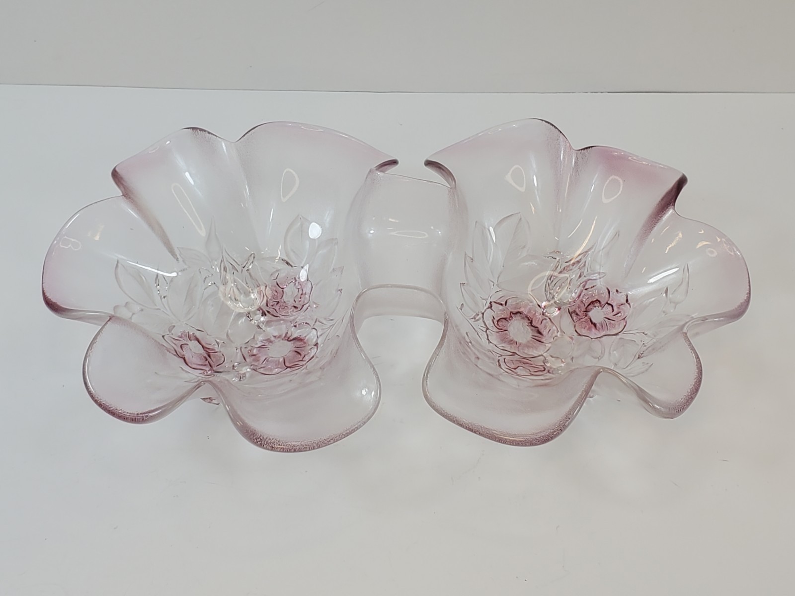 Vintage Mikasa Rosella Frosted Pink Glass Petal Shaped Double Serving Bowl 11″