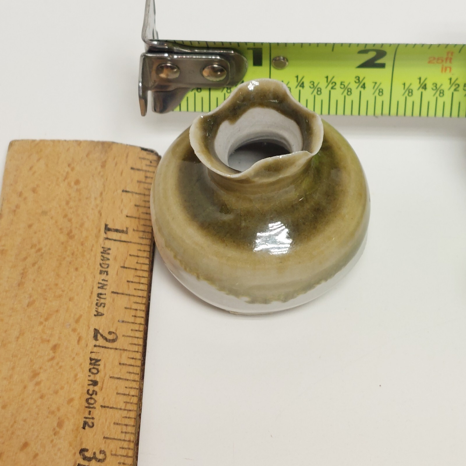 Miniature Glazed Pottery Vase Green & White Wavy Rim 1 5/8″ Signed Earth Colors