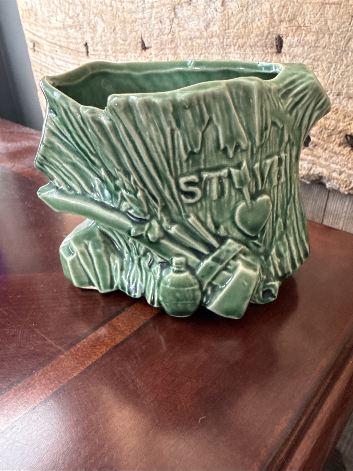Vintage Green Ceramic Tree Trunk Planter, McCoy Pottery, 5-1/2″ Long