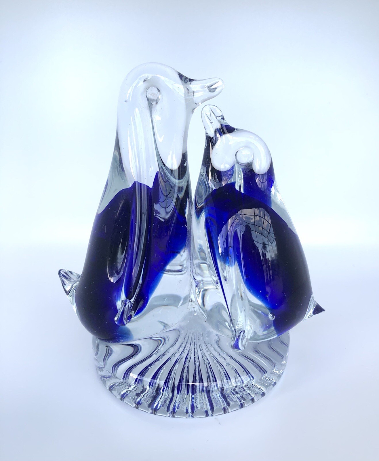 Vintage Cobalt Blue and Clear Art Glass Penguins Figurine Paperweight