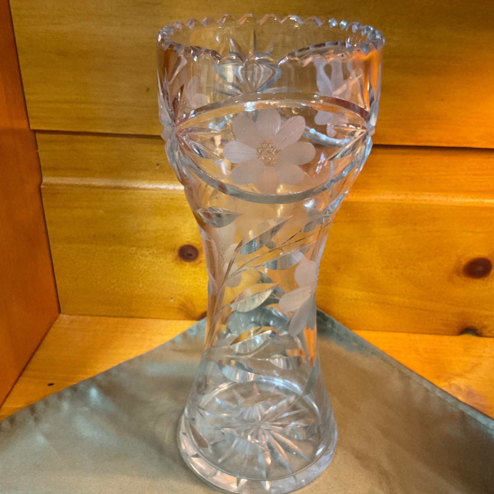 VTG American Brilliant 12″ Spiral HandCut Bulbous Crystal Glass Statement Vase