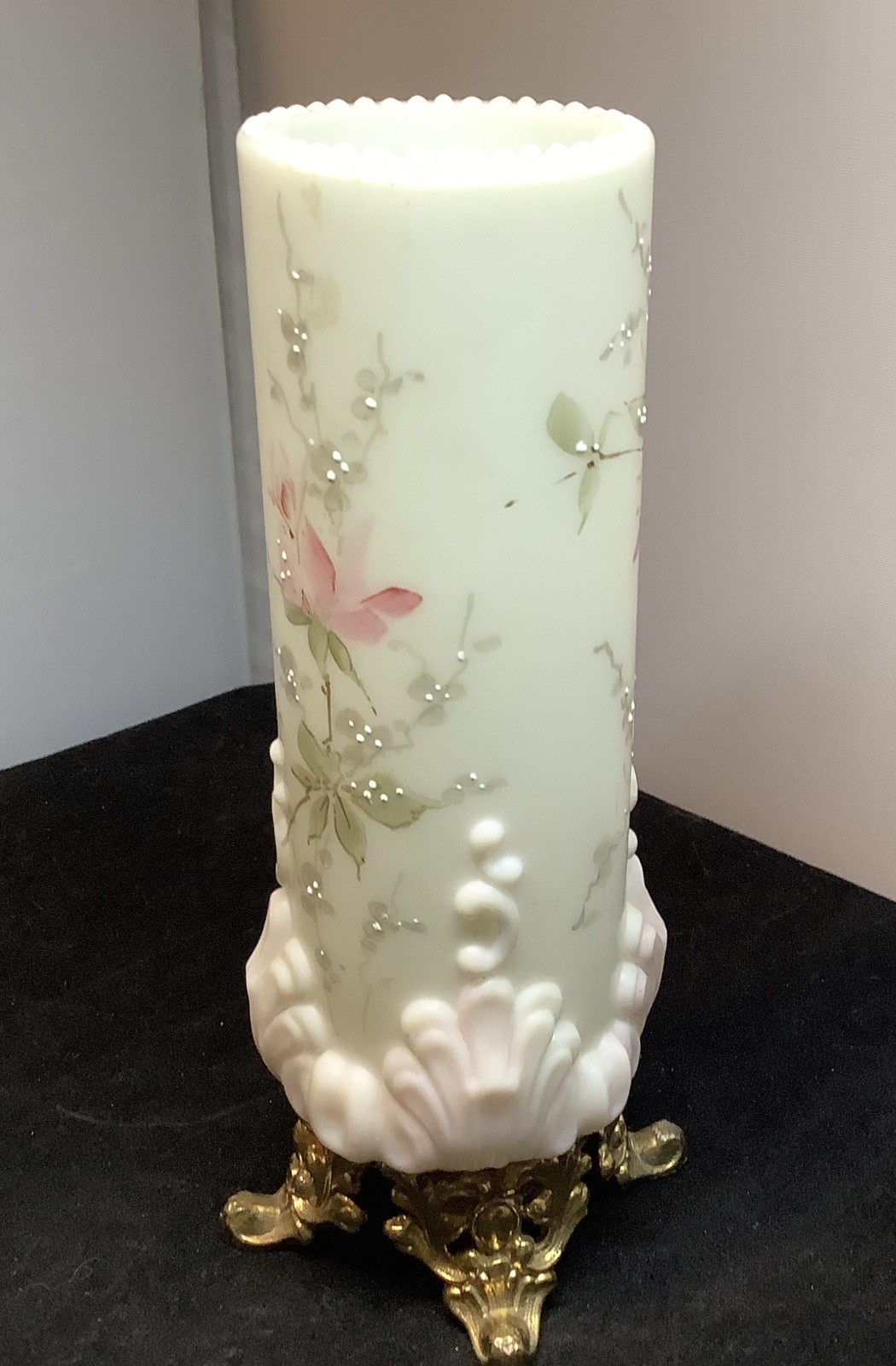 Antique Wavecrest Vase Textured Hand Painted 6 1/4 Inch Column Rose Motif
